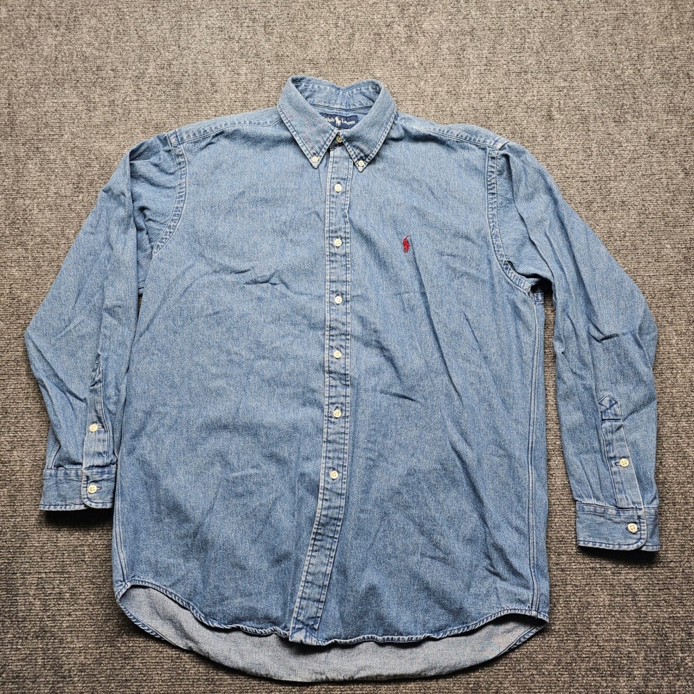 Ralph Lauren Blake Mens Denim Button Down Shirt Blue Long Sleeve Cotton Large